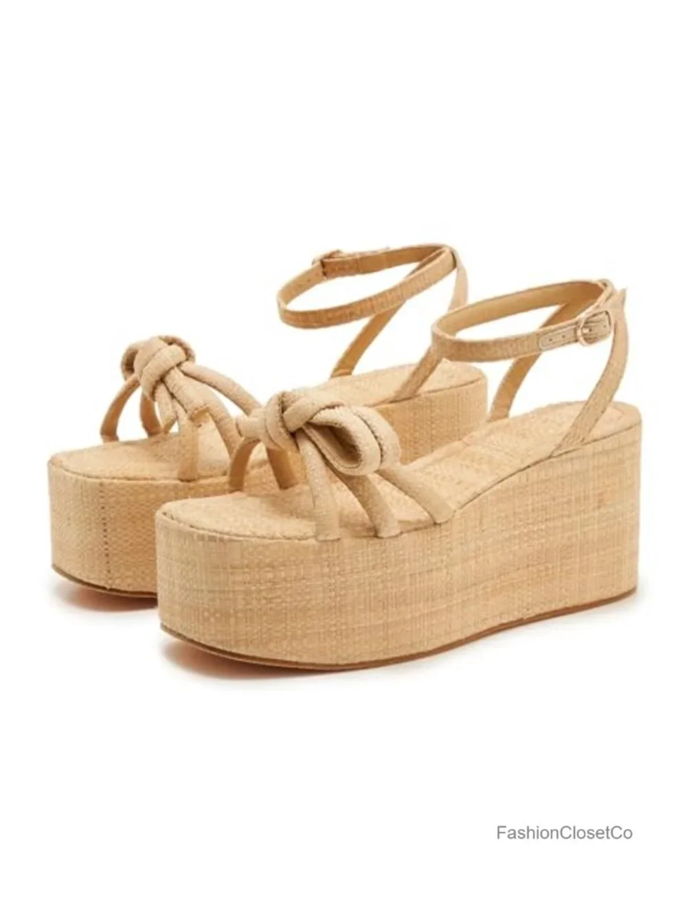 Natural Raffia Platform Wedge Sandals with Bow Knot Ankle Strap